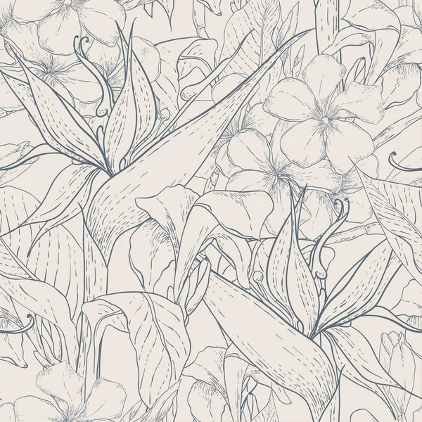 エキゾチックな花と白黒のシームレス パターン — ストックベクタ