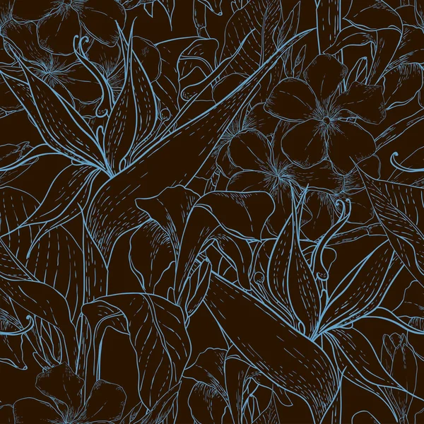 Monochromes nahtloses Muster mit exotischen Blumen — Stockvektor