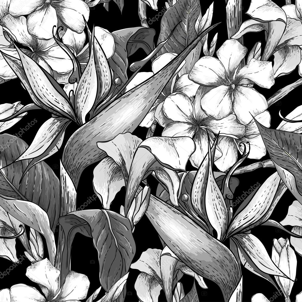 Monochrome seamless pattern with exotic flowers