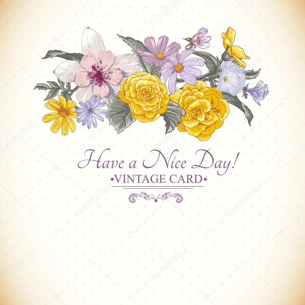 Vintage floral bouquet, botanical greeting card