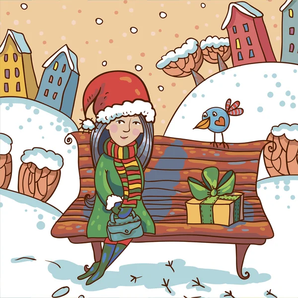 Ilustração de inverno com menina e presente em um parque —  Vetores de Stock