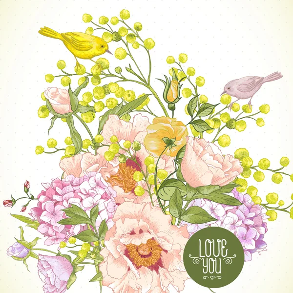 Buquê floral de primavera com pássaros, cartão de saudação —  Vetores de Stock