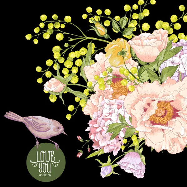 Bouquet floreale di primavera con uccelli, biglietto di auguri — Vettoriale Stock