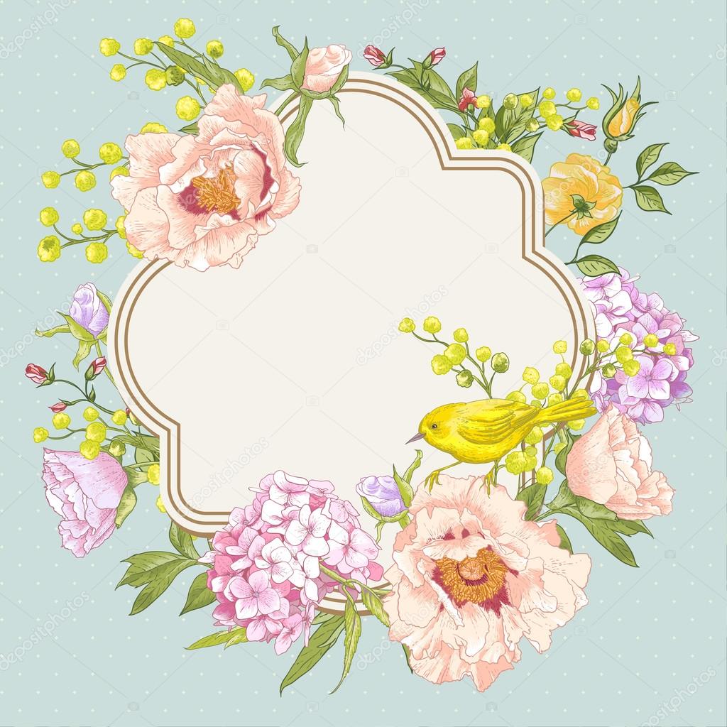 Spring Vintage Floral Bouquet with Birds