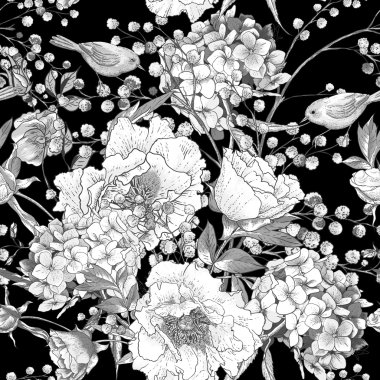 Kuşlar ile sorunsuz tek renkli çiçek desenli