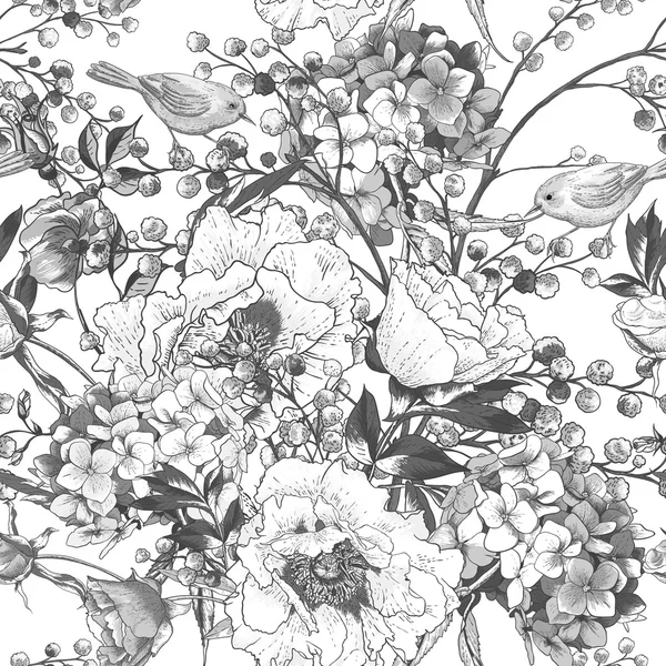 Nahtloses monochromes Blumenmuster mit Vögeln — Stockvektor