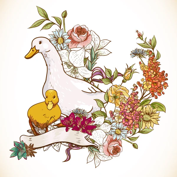 Fundo bonito com patos e flores —  Vetores de Stock