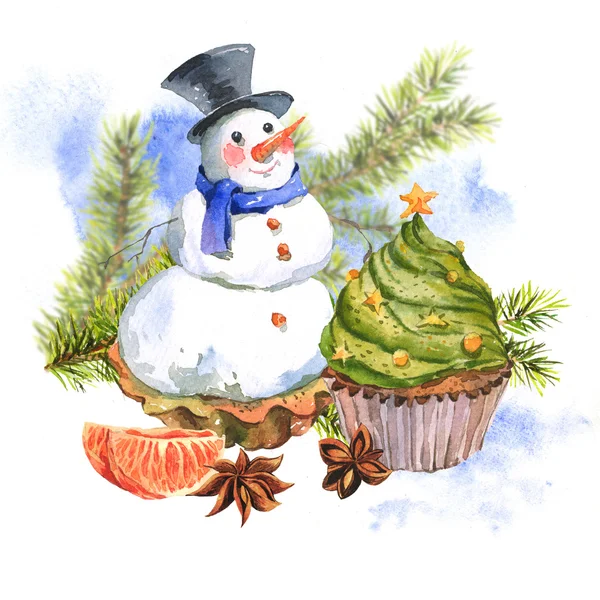 Nieuwjaarskaart met sneeuwpop Cupcakes — Stockfoto