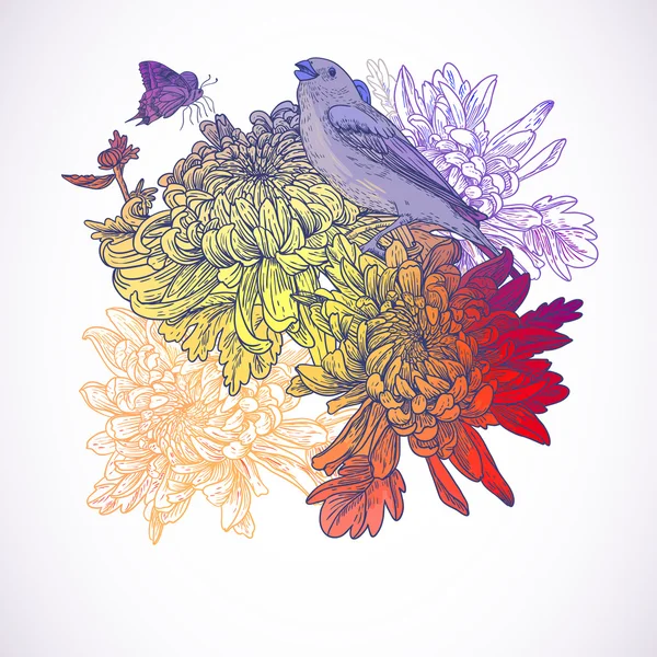 Blumengrüßkarte mit Vögeln — Stockvektor