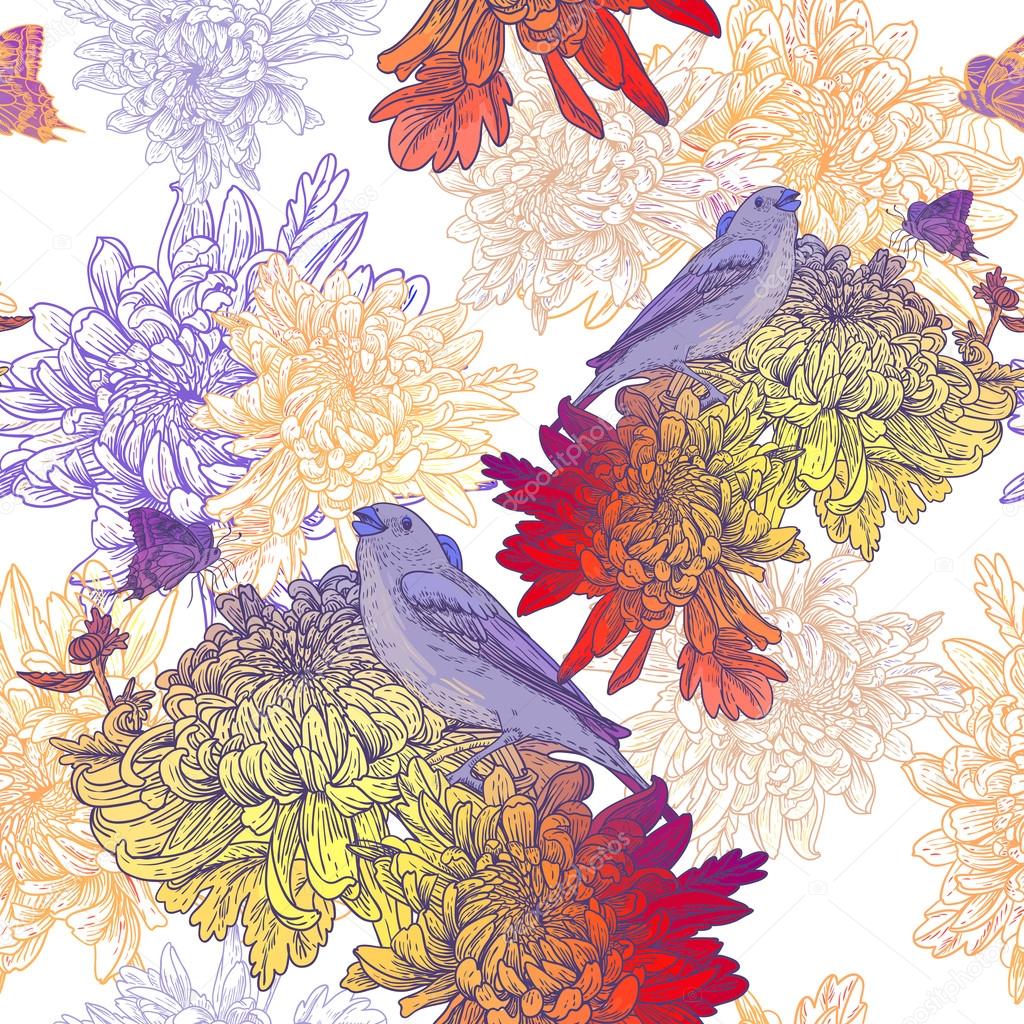Seamless Background with Birds and Chrysanthemums