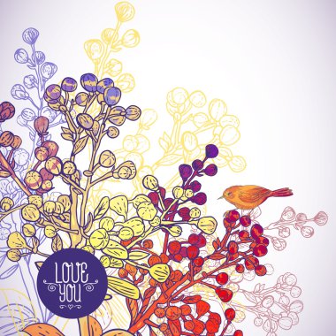 Kuşlar ve dalları ile çiçek tebrik kartı
