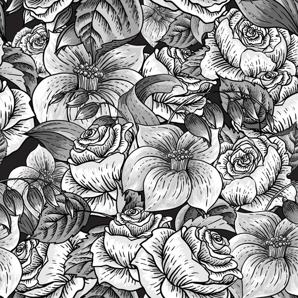 Seamless Monochrome Floral Pattern with Roses — Stock Vector