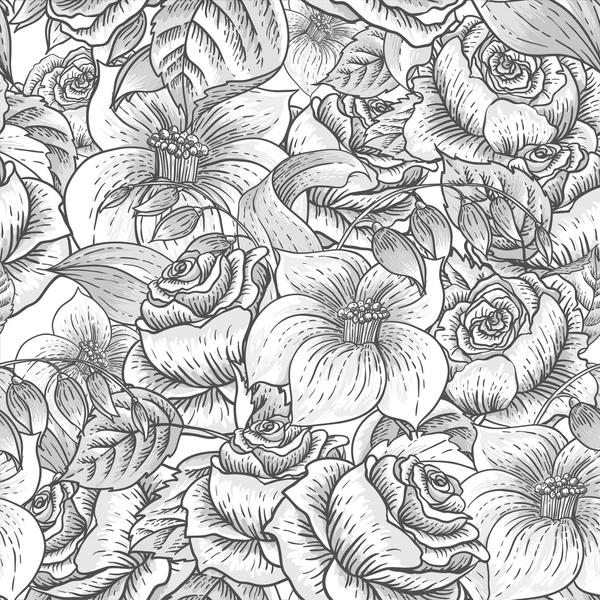 Patrón floral monocromo sin costuras con rosas — Vector de stock