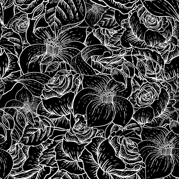 Seamless Monochrome Floral Pattern with Roses — Stock Vector