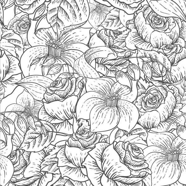 Seamless Monochrome Floral Pattern with Roses — Stock Vector