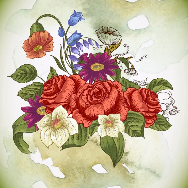 Vintage-Blumenkarte mit Rosen und Wildblumen — Stockvektor