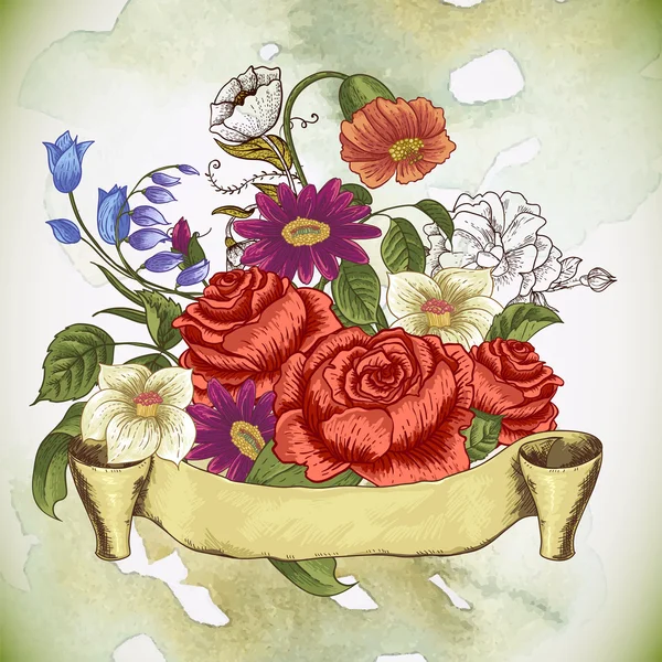 Carte florale vintage avec roses et fleurs sauvages — Image vectorielle