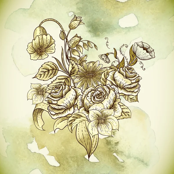 Carte florale vintage avec roses et fleurs sauvages — Image vectorielle