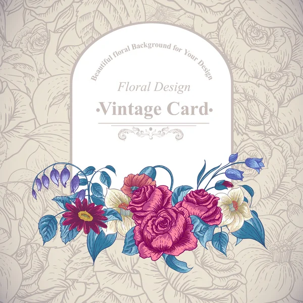 Cartão floral vintage com rosas e flores selvagens — Vetor de Stock