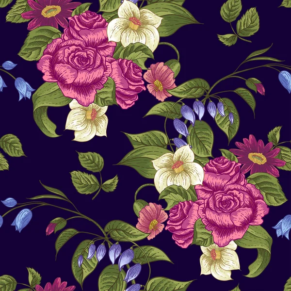 Patrón floral sin costuras con rosas y flores silvestres — Vector de stock