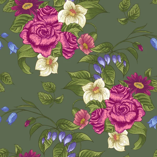 Άνευ ραφής λουλουδάτο μοτίβο με τριαντάφυλλα και αγριολούλουδα — Διανυσματικό Αρχείο