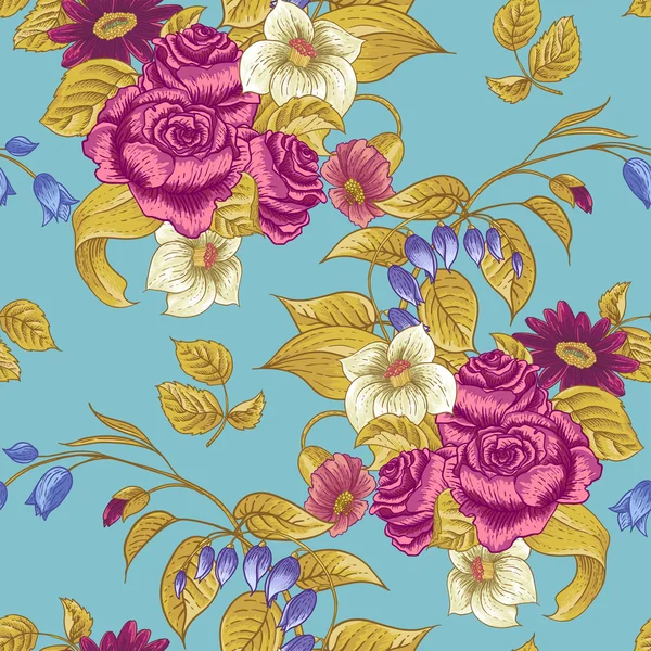 Patrón floral sin costuras con rosas y flores silvestres — Vector de stock