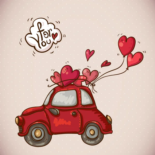 Tarjeta de Doodle Día de San Valentín con coche rojo — Vector de stock