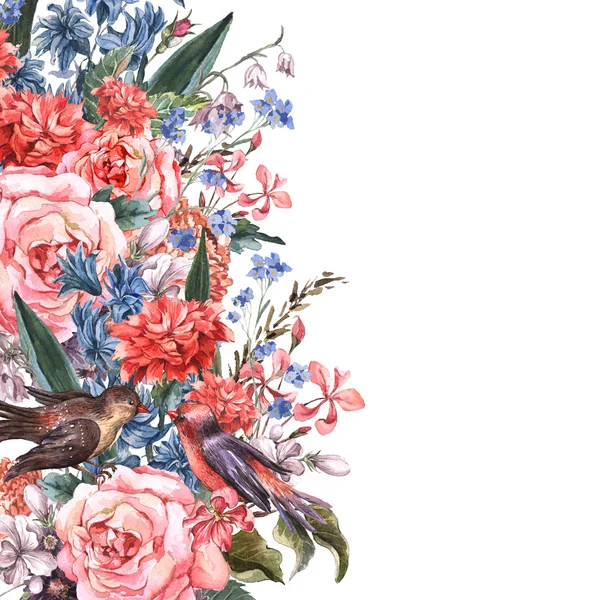 Floral wenskaart met bloeiende rozen en vogels — Stockfoto