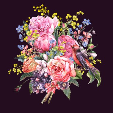 Kuş ile bahar suluboya çiçek buketi