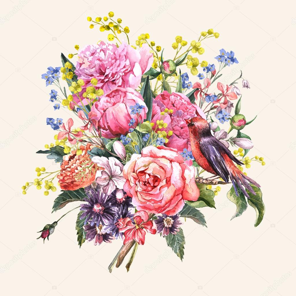 Spring Watercolor Floral Bouquet with Bird
