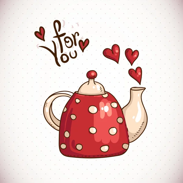 Kırmızı çaydanlık ve kalpleri Doodle tebrik kartı — Stok Vektör