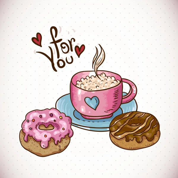Cartão de felicitações com uma xícara de café e donuts —  Vetores de Stock