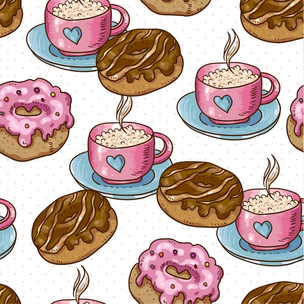 Fundo sem costura com xícara de café e donuts — Vetor de Stock