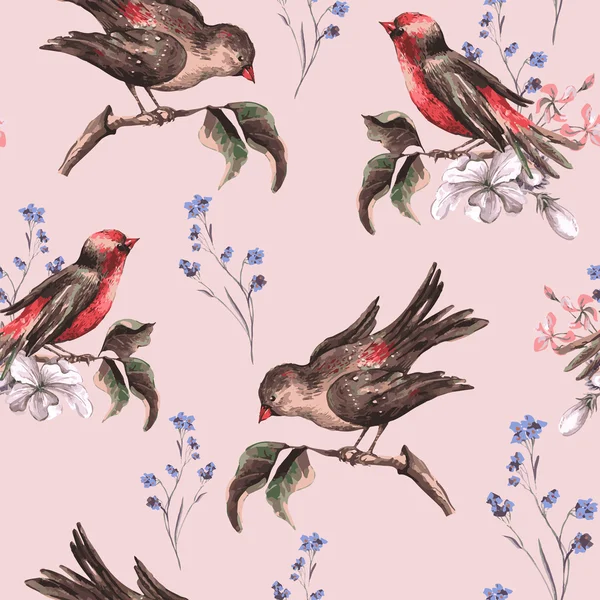 Vintage Floral fond sans couture avec des oiseaux — Image vectorielle