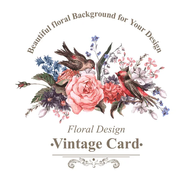 Винтажная открытка с цветами и птицами . — стоковый вектор