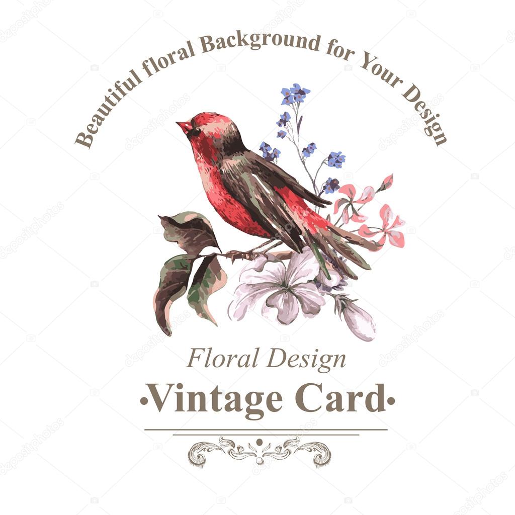 Vintage Floral Card with Bird on Branch