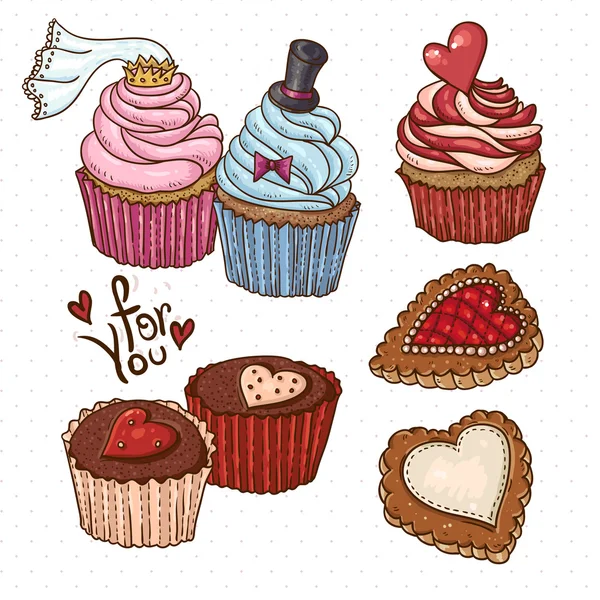 Doodle definir elementos com cookies e cupcakes — Vetor de Stock