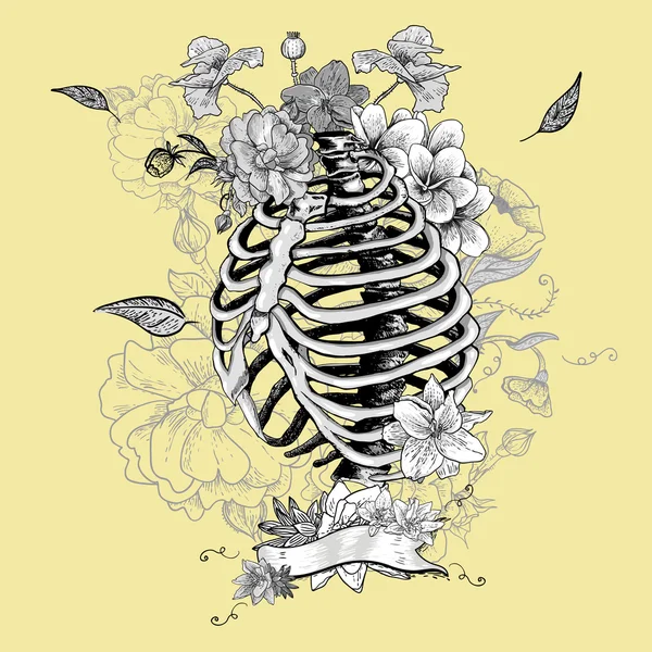 Skeleton ribben en bloemen, vectorillustratie — Stockvector