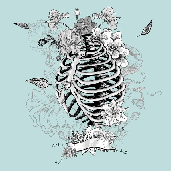 Skeleton ribben en bloemen, vectorillustratie — Stockvector