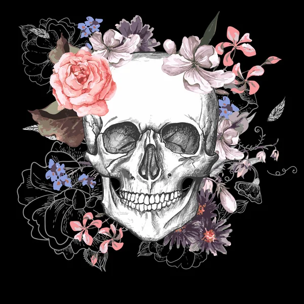 Skull and Flowers Day of The Dead — Stock Vector