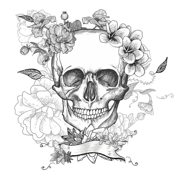 Calavera y flores Día de los Muertos — Vector de stock