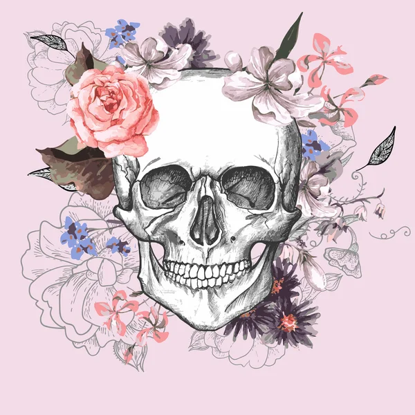 Skull and Flowers Day of The Dead — Stock Vector