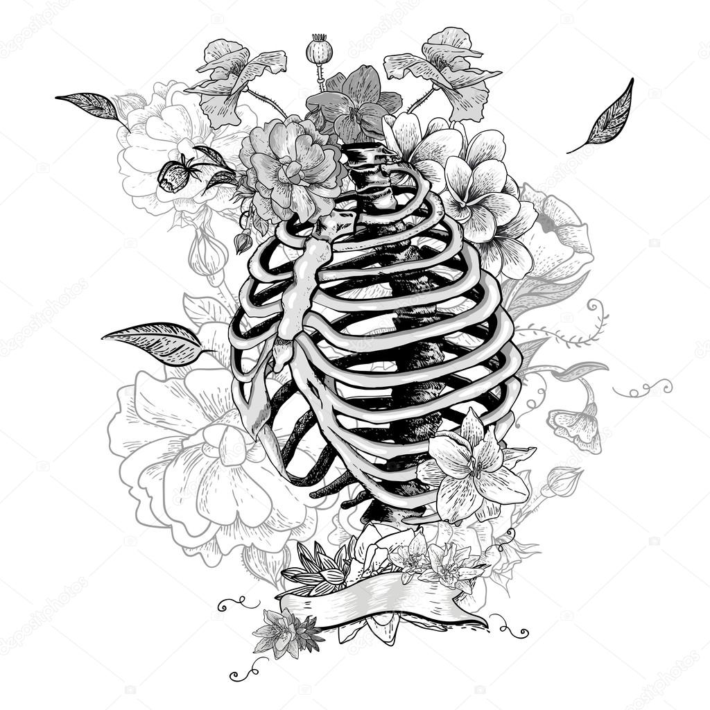 Skeleton Ribs and Flowers, Vector illustration