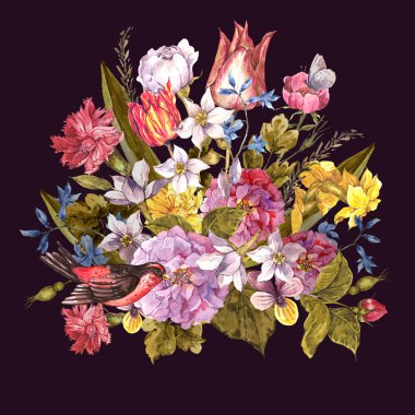 Bahar çiçek Retro kartı Vintage tarzı