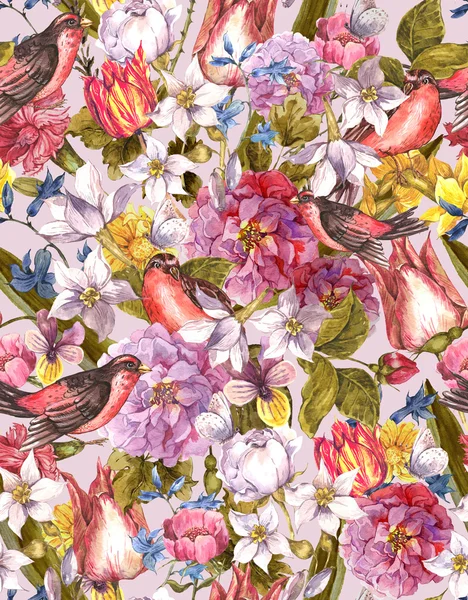 Floral Vintage Seamless Background with Bird — Stock Photo, Image