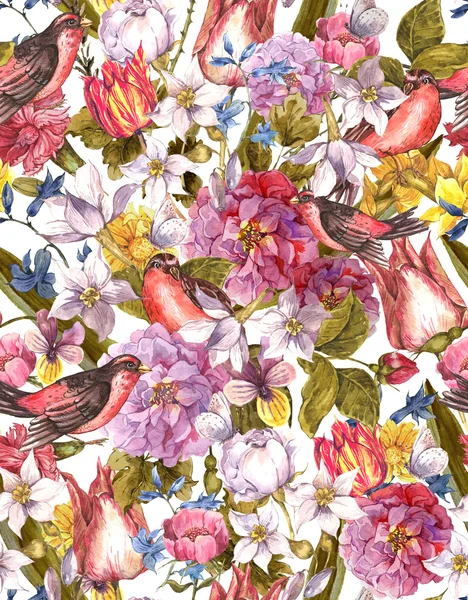 Floral Vintage Seamless Background with Bird — Stock Photo, Image