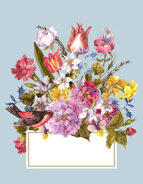 ฤดูใบไม้ผลิ ดอกไม้ย้อนยุคการ์ดในสไตล์วินเทจ — ภาพถ่ายสต็อก