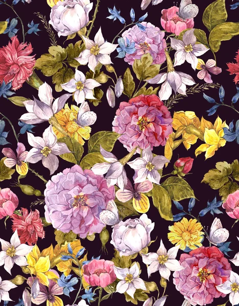 Floral Vintage sem costura fundo aquarela — Fotografia de Stock