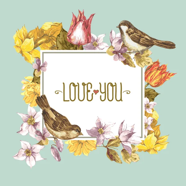 Spring Floral Retro Card con gorriones de pájaro — Vector de stock