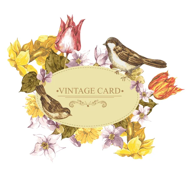 Cartão Retro Floral de Primavera com Pardais de Pássaro — Vetor de Stock